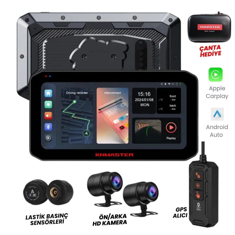 KNMASTER MOTOPLAY 2000 – 6.25” 2K Çift Kameralı Kablosuz CarPlay & Android Auto Destekli Multimedya