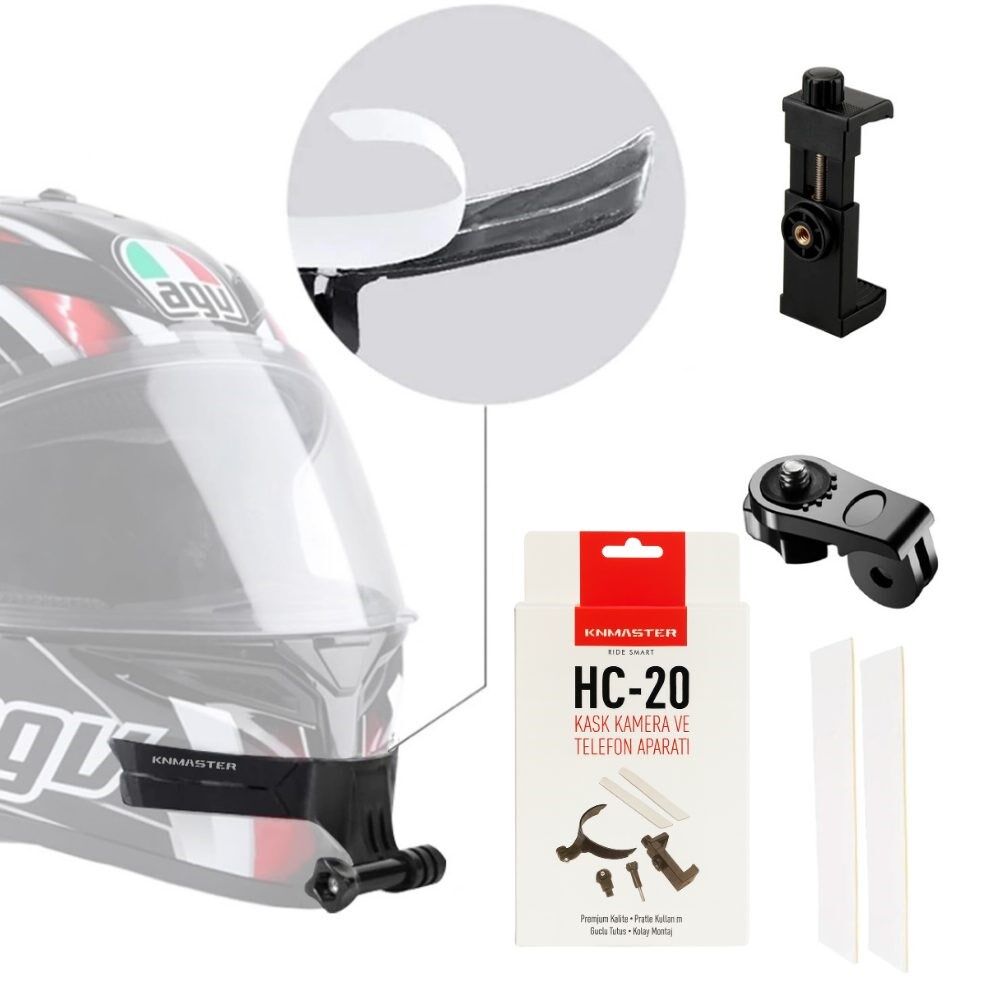 KNMASTER HC-20 | Motosiklet Kask Çene Telefon ve Aksiyon Kamera Tutucu (Full Set)